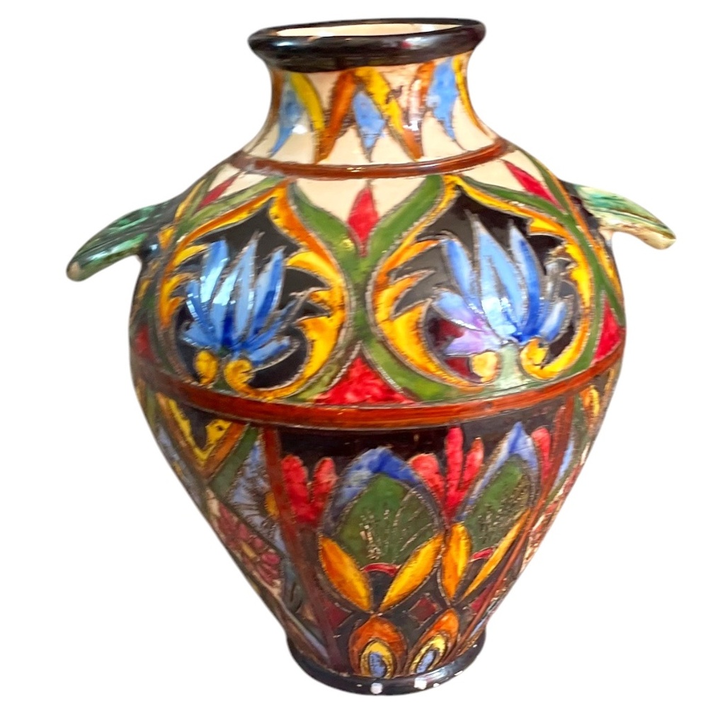 Midcentury Italian Sgraffito Hand Thrown Flower Motif Rustic‎ Clay Pottery Vase